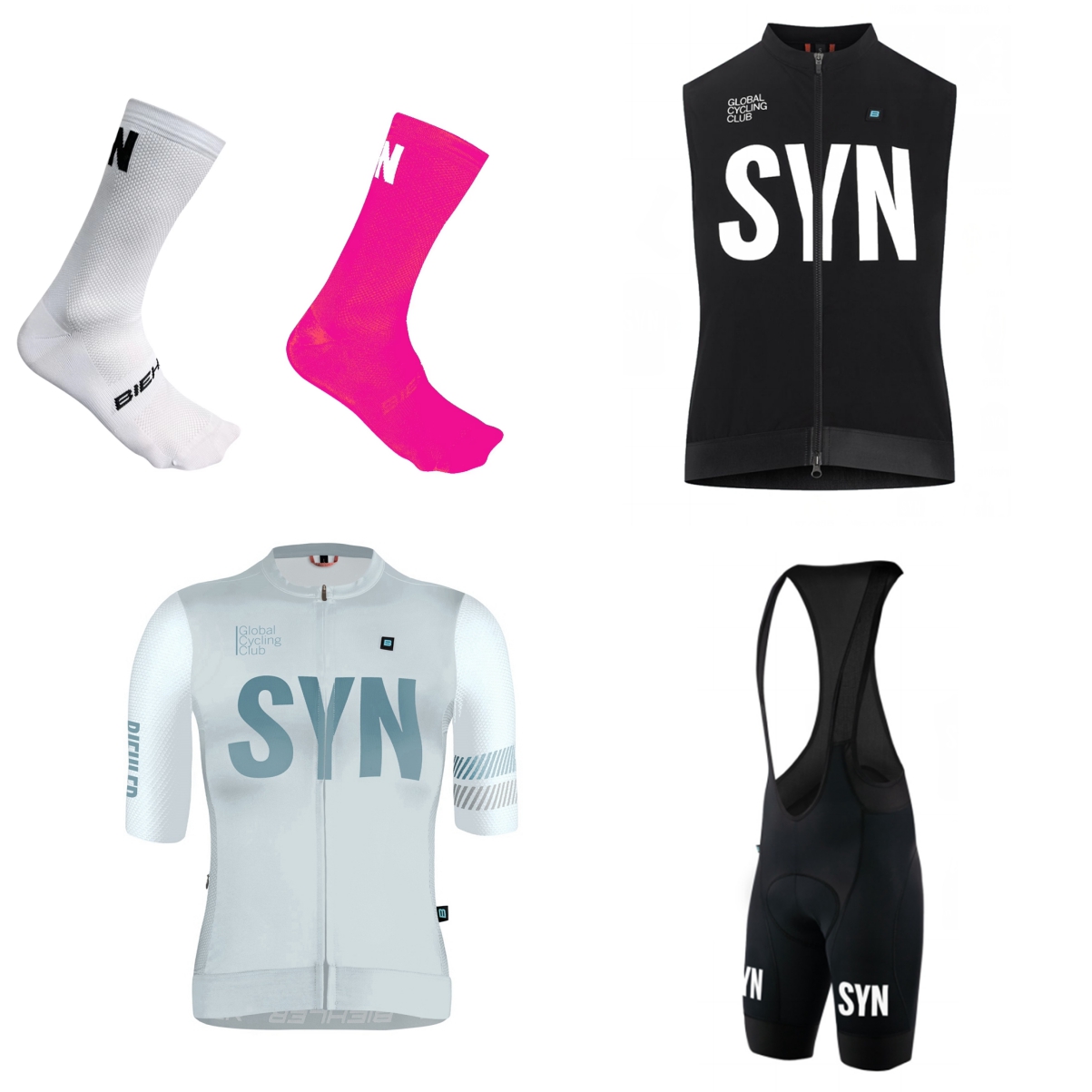 Cycling Community - SYN เสื้อปั่นจักรยานแขนสั้นสีขาวสำหรับผู้หญิงและกางเกงปั่นจักรยานสีดำ/แดง/เขียว ชุดปั่นจักรยานสี่ชิ้นสำหรับกิจกรรมกลางแจ้ง